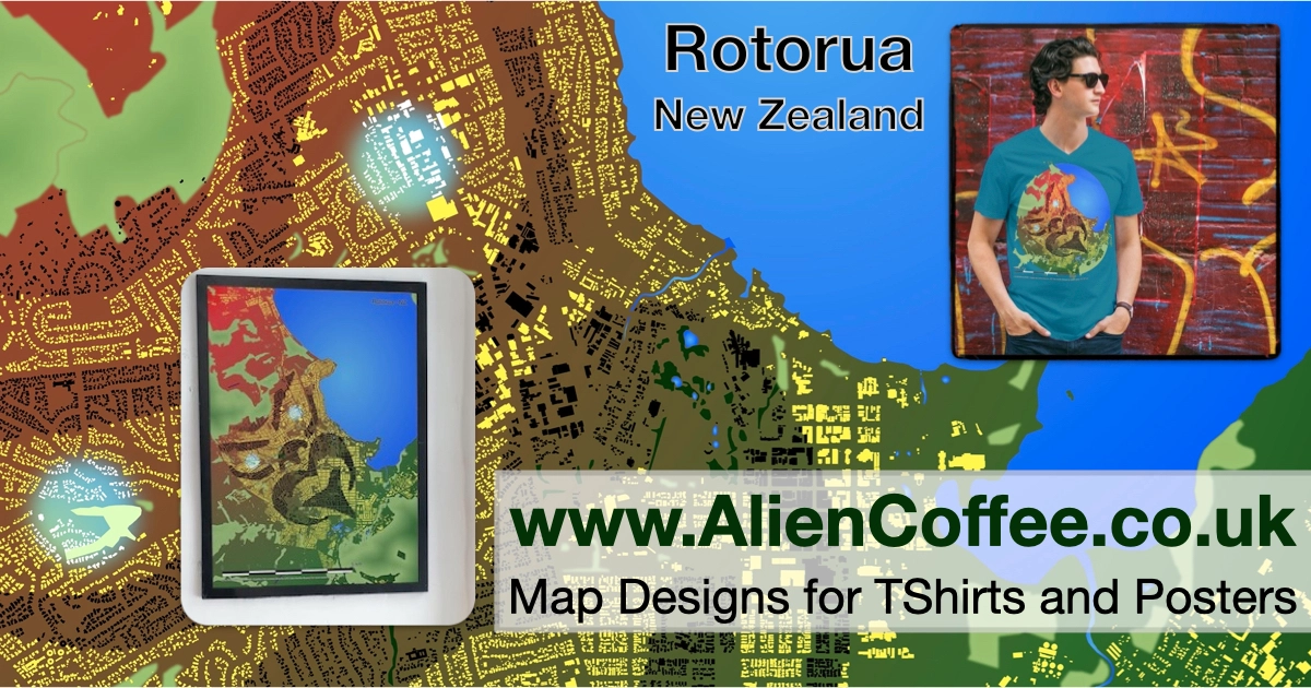 Product Montage Banner of Maps of Rotorua, New Zealand. Visual summary of the designs.