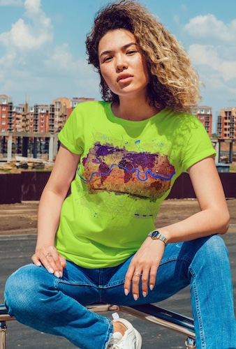 Woman wearing tshirt showing a map of London which itself depicts a map of the world.