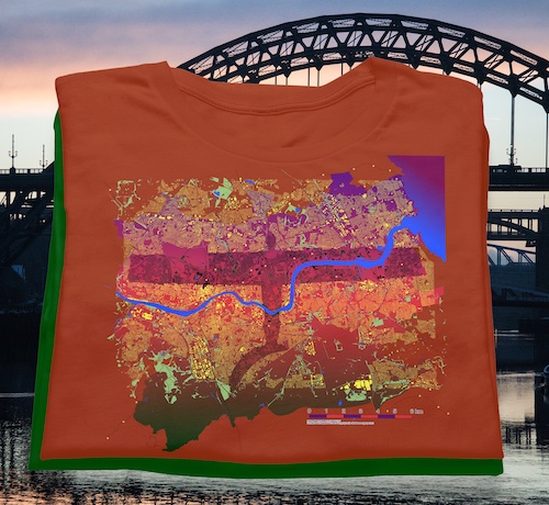Brown tshirt printed with a map of Newcastle and Gateshead with the Angel of the North and the Tyne Bridge in the background.