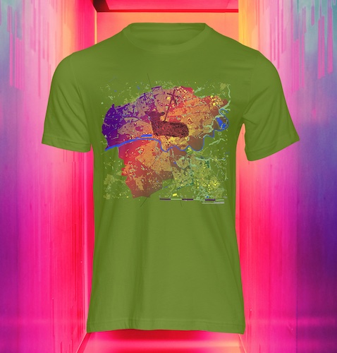 Green tshirt on a neon background with a print of a map of Preston a UK northern city blazened by its heraldic symbol a lamb with cross and flag.