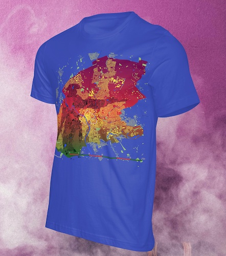 Blue tshirt on a gunsmoke background with a print showing a map of the city or York including Dick Turpin.