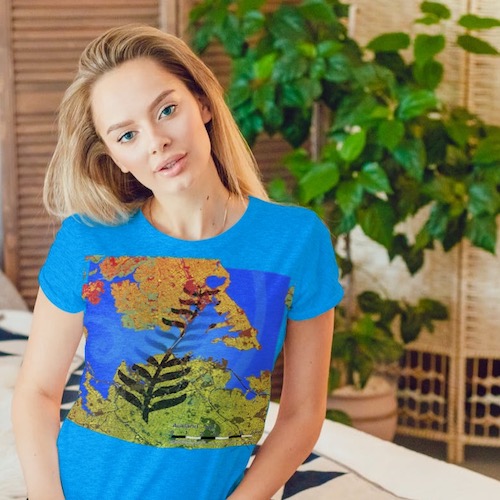 Woman wearing a tshirt printed with a map of Auckland in New Zealand.