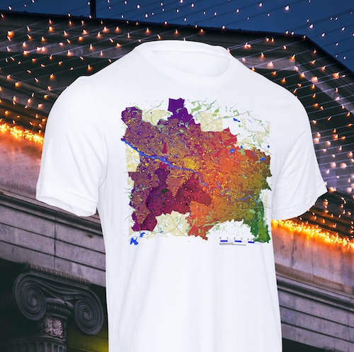White tshirt depicting a map of Glasgow including the famous horse mounted statue wearing a traffic cone hat.
